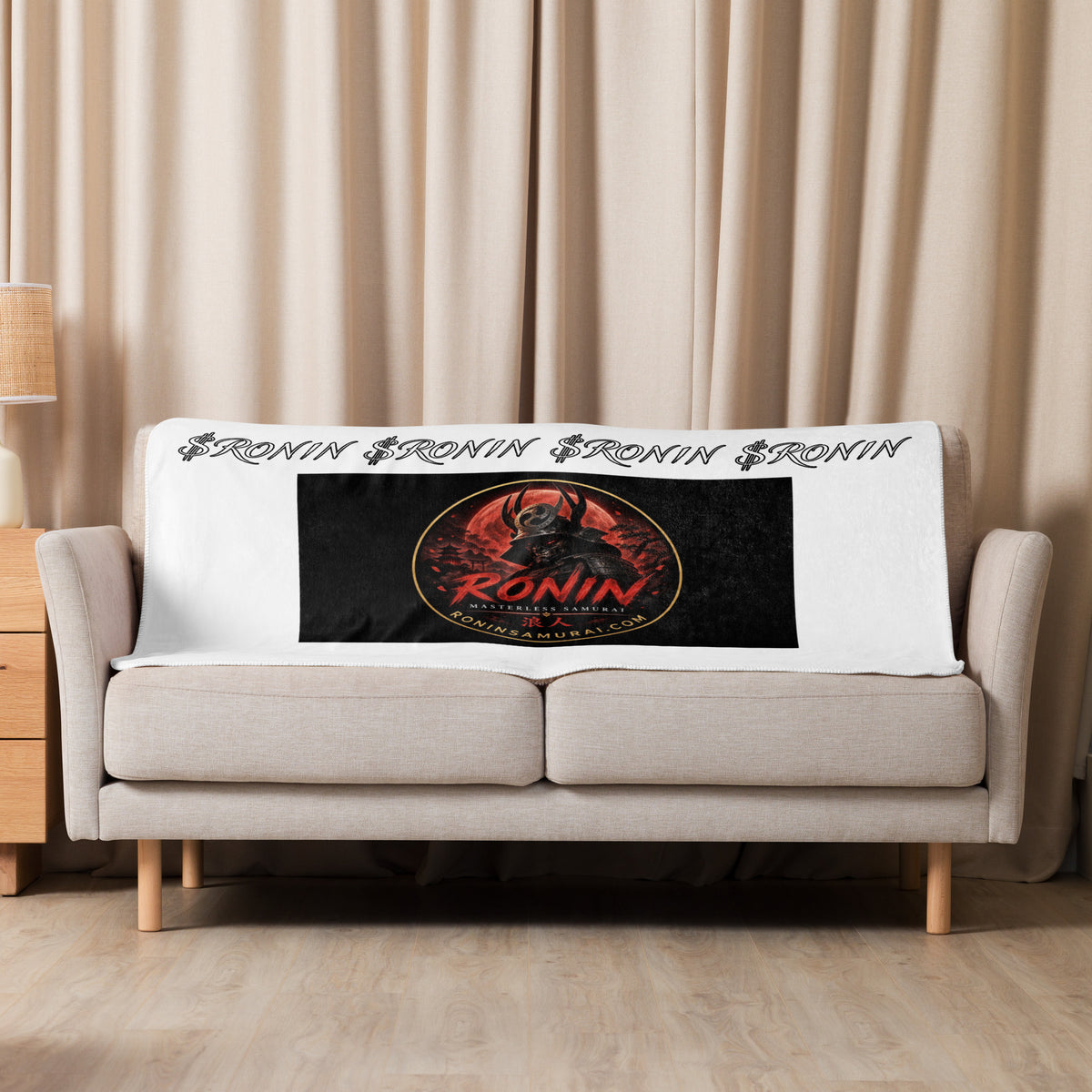 Ronin Crest Sherpa Blanket: white sherpa blanket with a black RONIN crest panel and $RONIN border