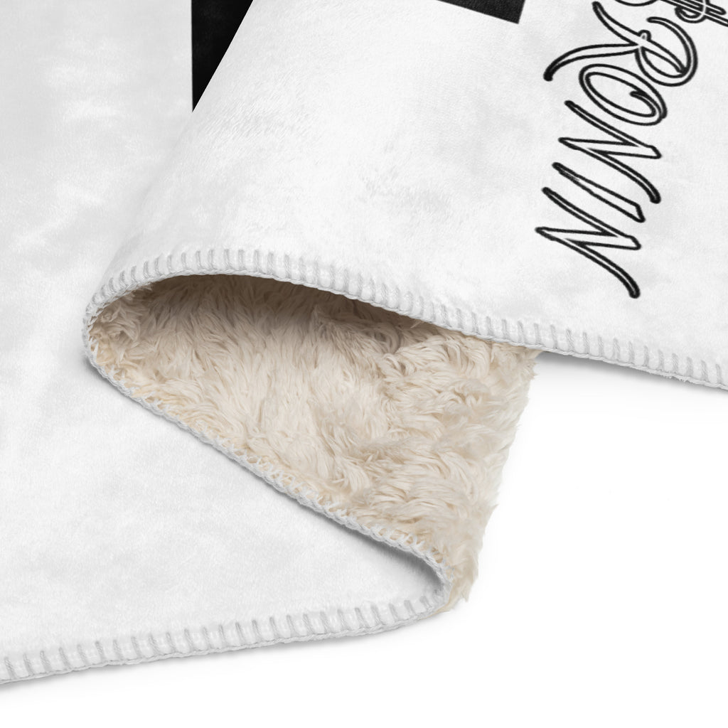 Ronin Crest Sherpa Blanket: white sherpa blanket with a black RONIN crest panel and $RONIN border