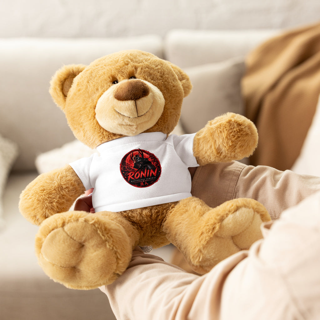 Ronin Crest Teddy Bear: teddy bear in a white tee with the RONIN crest
