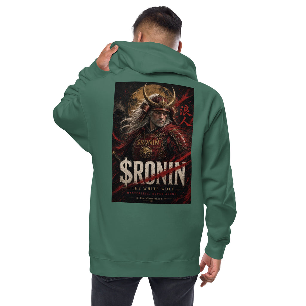 Silver-Haired Ronin Zip Hoodie, alpine green back: back print of a silver-haired, scarred warrior in crimson armor and gold-horned kabuto under a bold $RONIN title