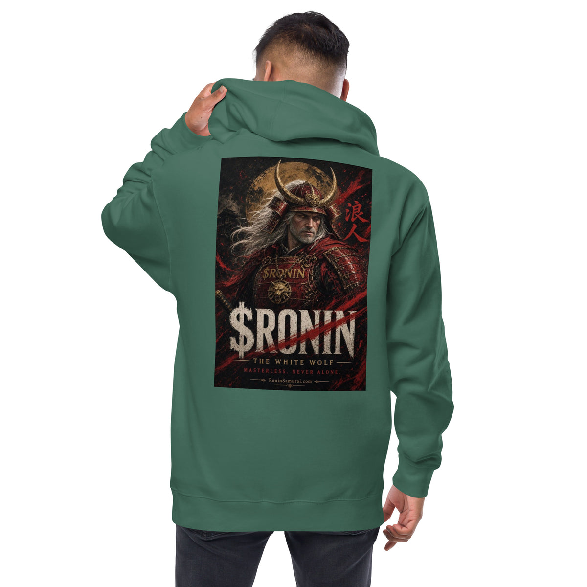 Silver-Haired Ronin Zip Hoodie, alpine green back: back print of a silver-haired, scarred warrior in crimson armor and gold-horned kabuto under a bold $RONIN title