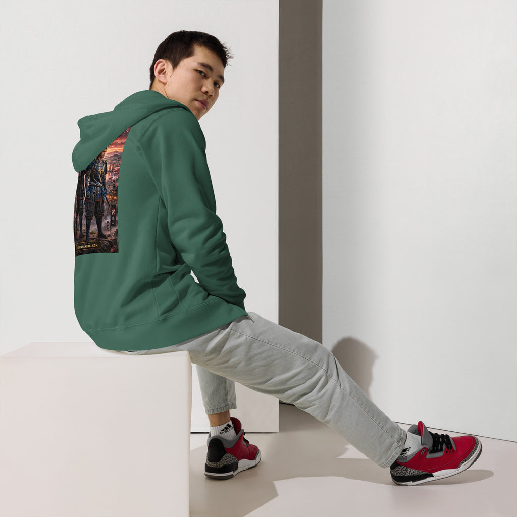 Sworn Brothers Ronin Zip Hoodie, alpine green back: two warriors, a dark-haired ronin and a golden-haired samurai in blue armor, under a blood-red moon with a white $RONIN