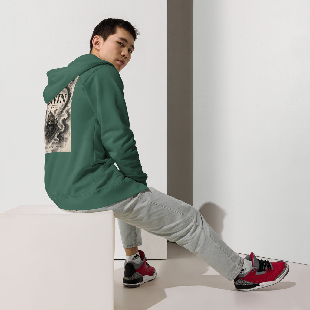 Ink Heart Ronin Clan Zip Hoodie, alpine green back: ink-wash heart around a kabuto helmet on cream paper, 侍 seal and RONIN CLAN