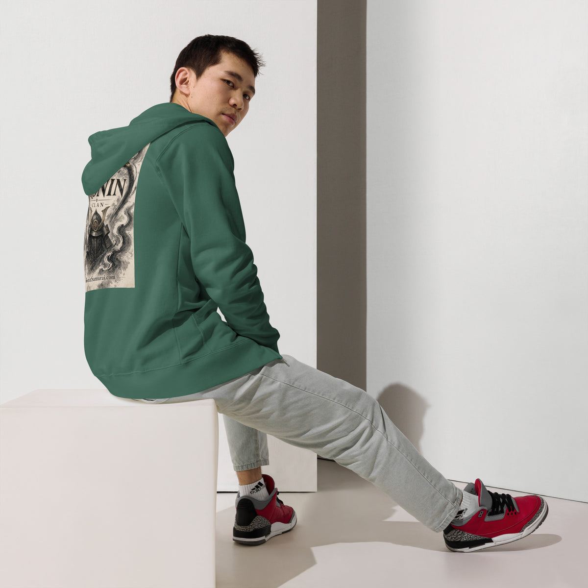 Ink Heart Ronin Clan Zip Hoodie, alpine green back: ink-wash heart around a kabuto helmet on cream paper, 侍 seal and RONIN CLAN