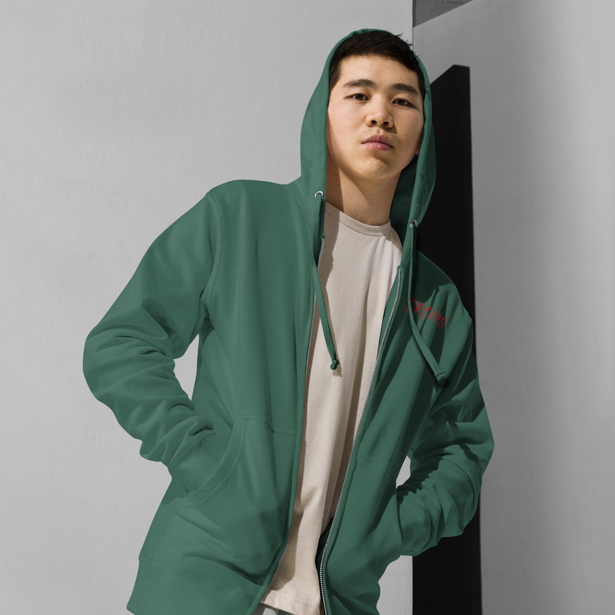 Ink Heart Ronin Clan Zip Hoodie, alpine green front: red script $RONIN on the left chest