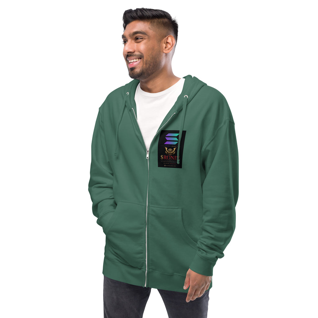 Silver-Haired Ronin Zip Hoodie, alpine green left front: Solana × $RONIN patch on the chest