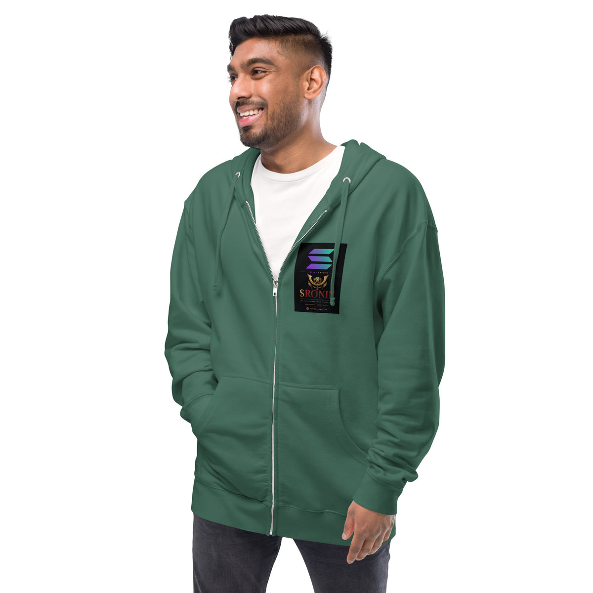 Silver-Haired Ronin Zip Hoodie, alpine green left front: Solana × $RONIN patch on the chest