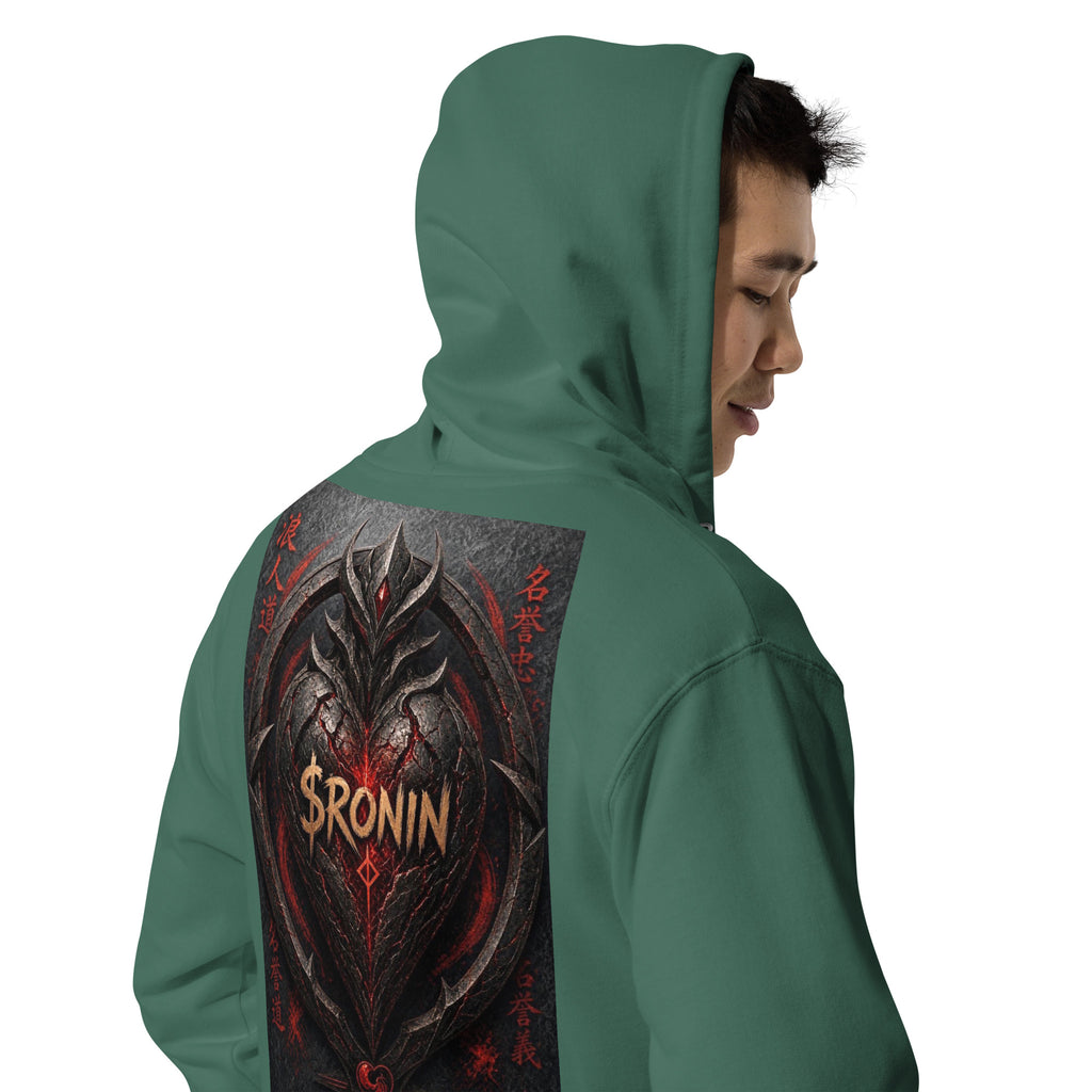 Obsidian Heart Ronin Zip Hoodie, alpine green right back: spiked black armored heart with a glowing red core and $RONIN, red kanji at the sides