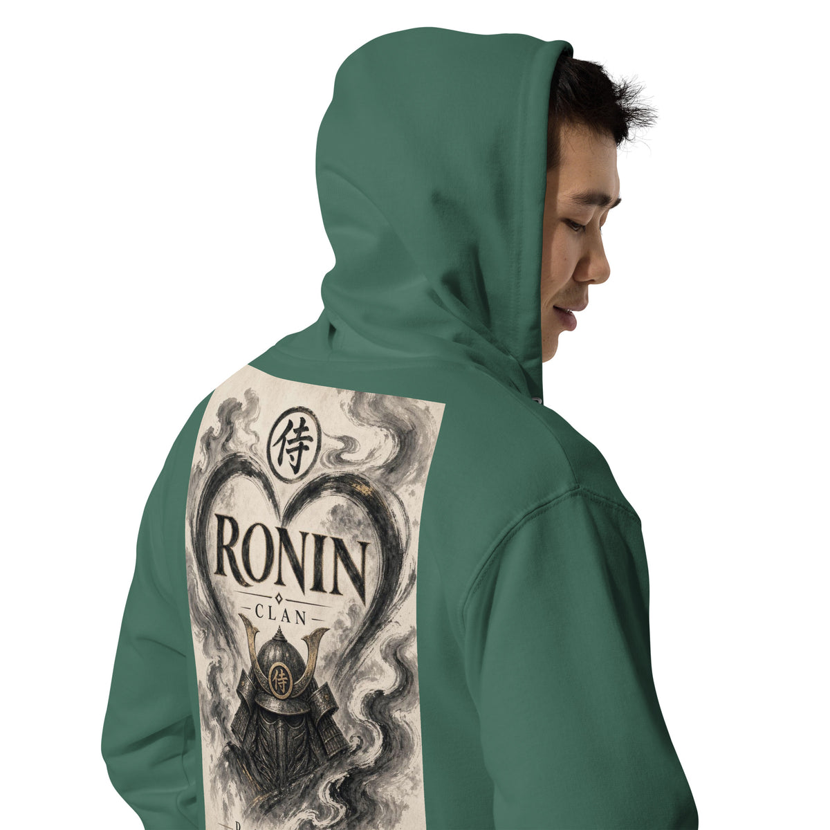 Ink Heart Ronin Clan Zip Hoodie, alpine green right back: ink-wash heart around a kabuto helmet on cream paper, 侍 seal and RONIN CLAN