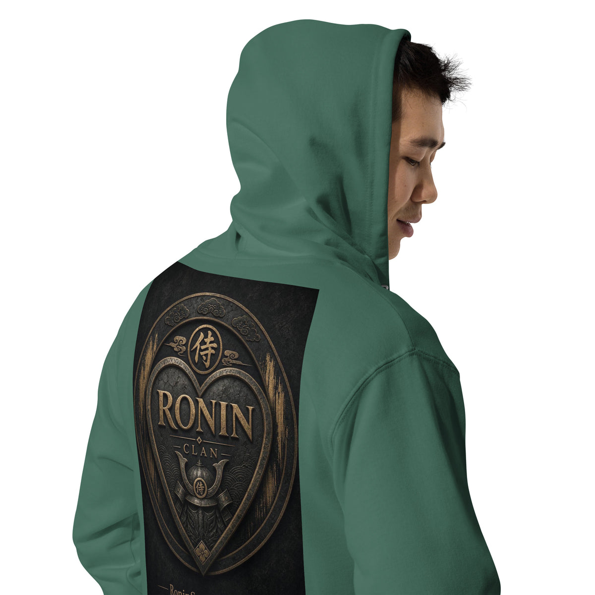 Bronze Crest Ronin Clan Zip Hoodie, alpine green right back: bronze heart shield with the 侍 seal, RONIN CLAN and a kabuto emblem