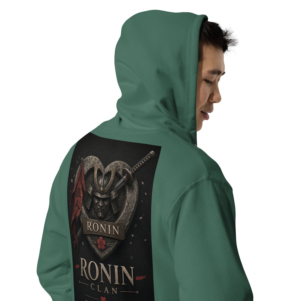 Royal Crest Ronin Clan Zip Hoodie, alpine green right back: gilded red-and-gold heart shield with the 侍 seal, RONIN CLAN and kabuto emblem