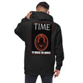 Ronin Cover Story Zip Hoodie, black back: back print of a red-framed cover-style poster with the round RONIN samurai seal and TO SHOCK THE WORLD