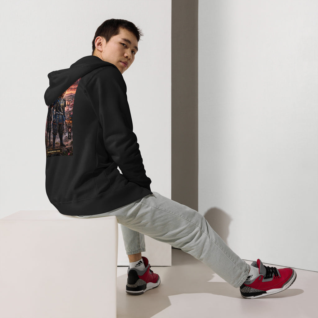Sworn Brothers Ronin Zip Hoodie, black back: two warriors, a dark-haired ronin and a golden-haired samurai in blue armor, under a blood-red moon with a white $RONIN