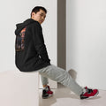 Sworn Brothers Ronin Zip Hoodie, black back: two warriors, a dark-haired ronin and a golden-haired samurai in blue armor, under a blood-red moon with a white $RONIN