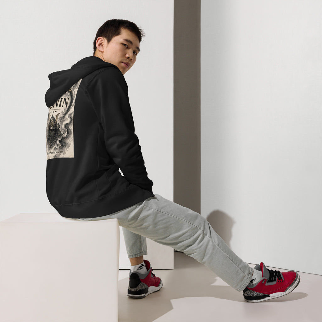 Ink Heart Ronin Clan Zip Hoodie, black back: ink-wash heart around a kabuto helmet on cream paper, 侍 seal and RONIN CLAN