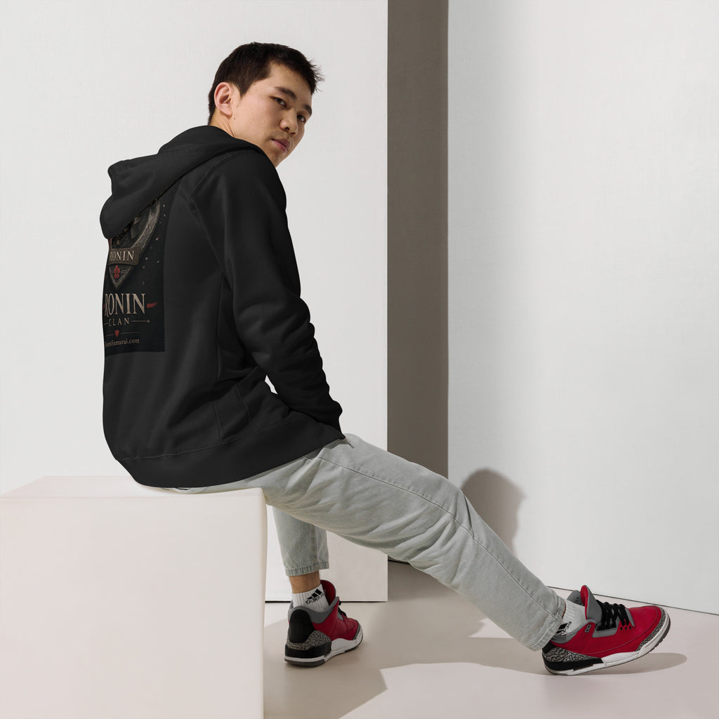 Kabuto Heart Ronin Clan Zip Hoodie, black back: stone heart with a masked kabuto warrior, katana and red banner, RONIN CLAN
