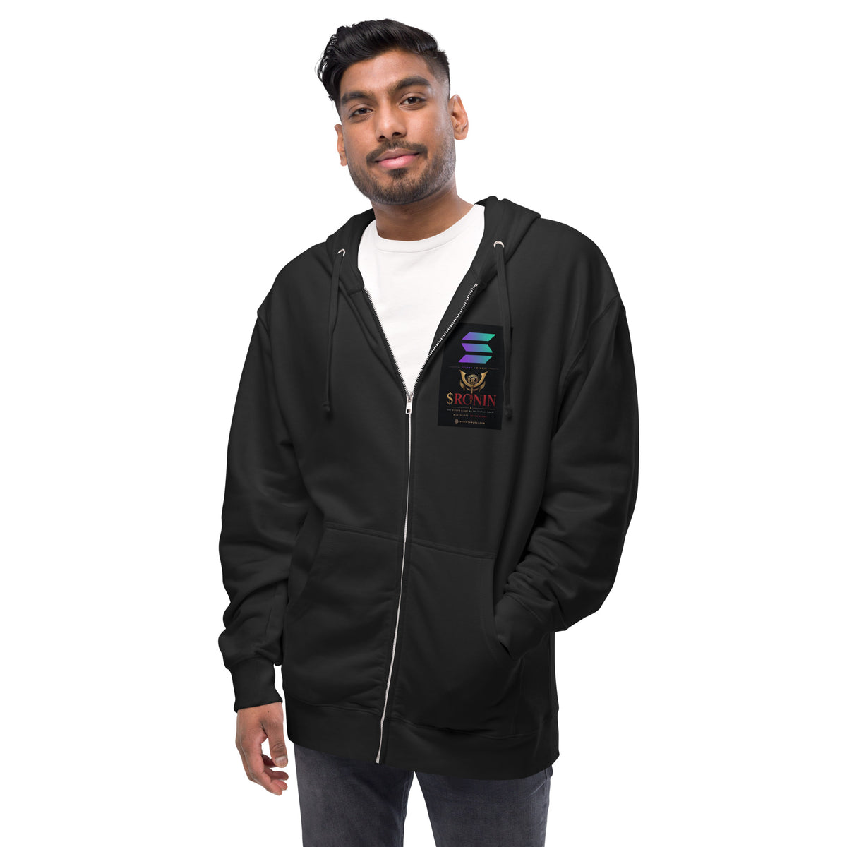 Silver-Haired Ronin Zip Hoodie, black front: Solana × $RONIN patch on the chest