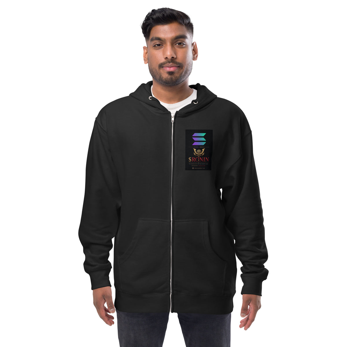 Ronin Cover Story Zip Hoodie, black front: Solana × $RONIN patch on the chest