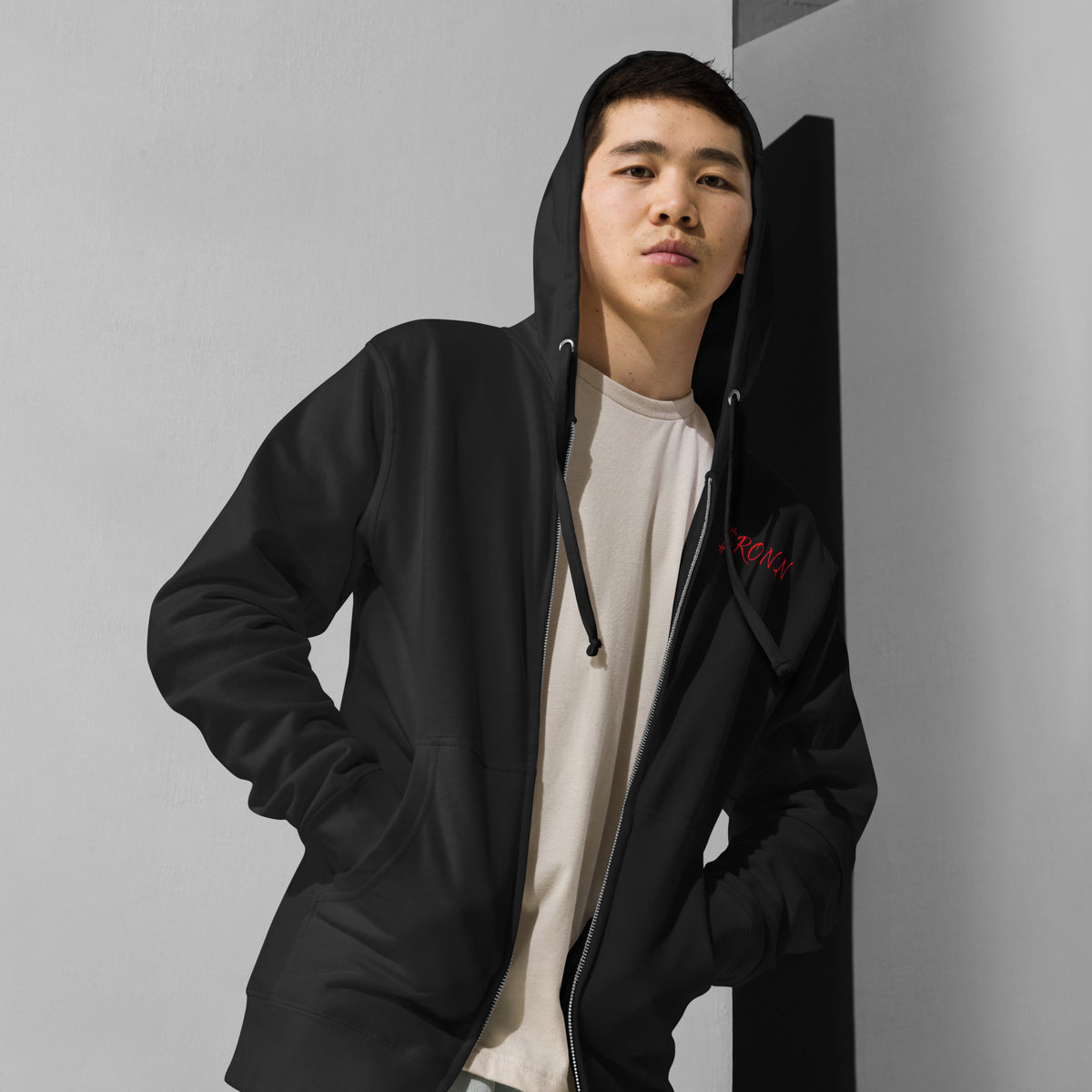Obsidian Heart Ronin Zip Hoodie, black front: red script $RONIN on the left chest