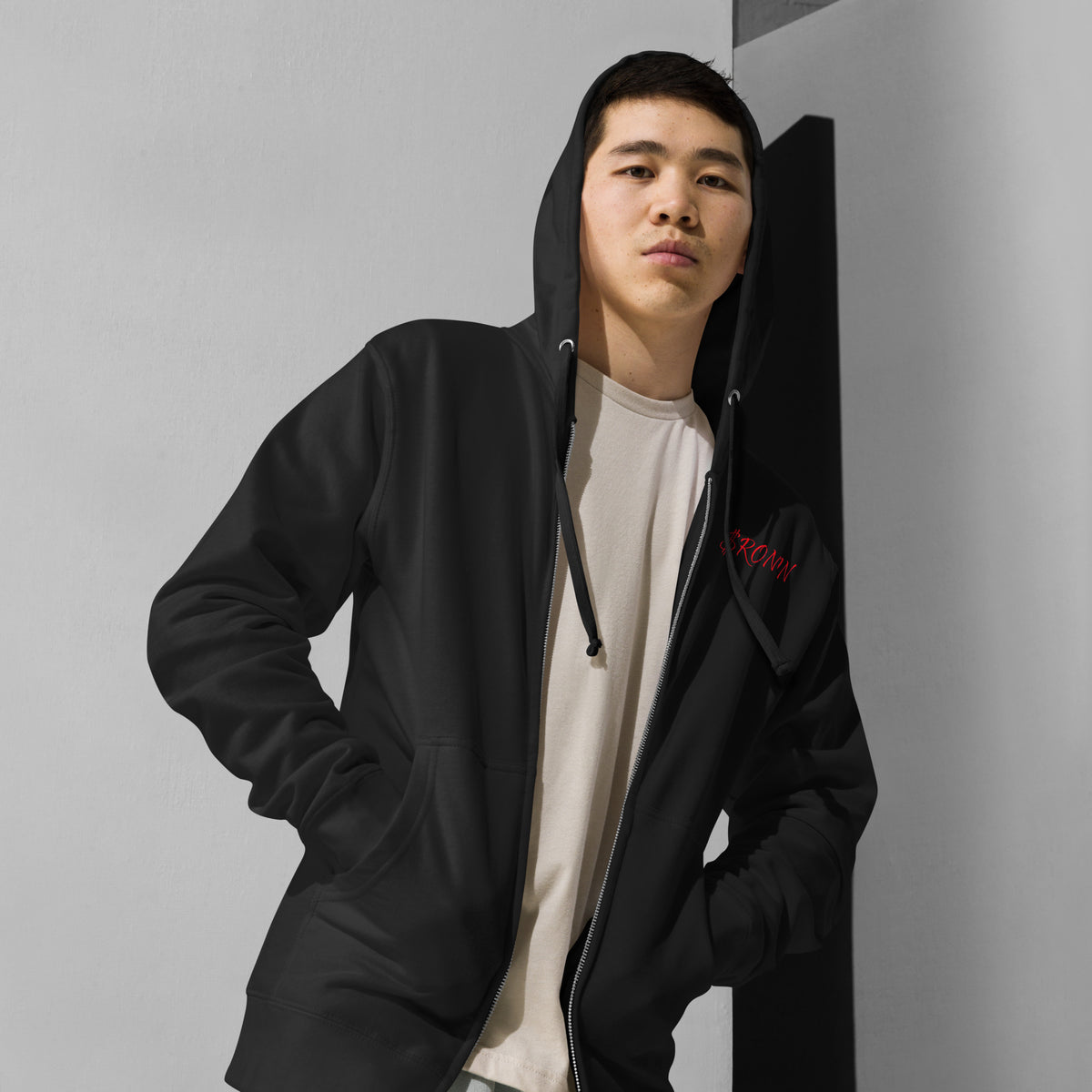 Bronze Crest Ronin Clan Zip Hoodie, black front: red script $RONIN on the left chest