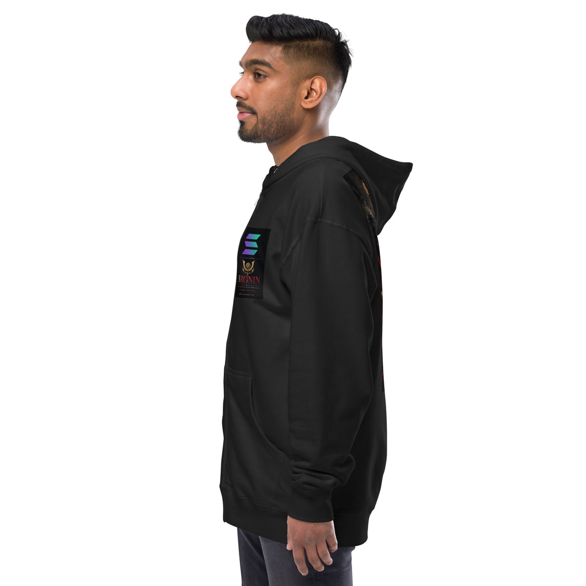Silver-Haired Ronin Zip Hoodie, black left: Solana × $RONIN patch on the chest