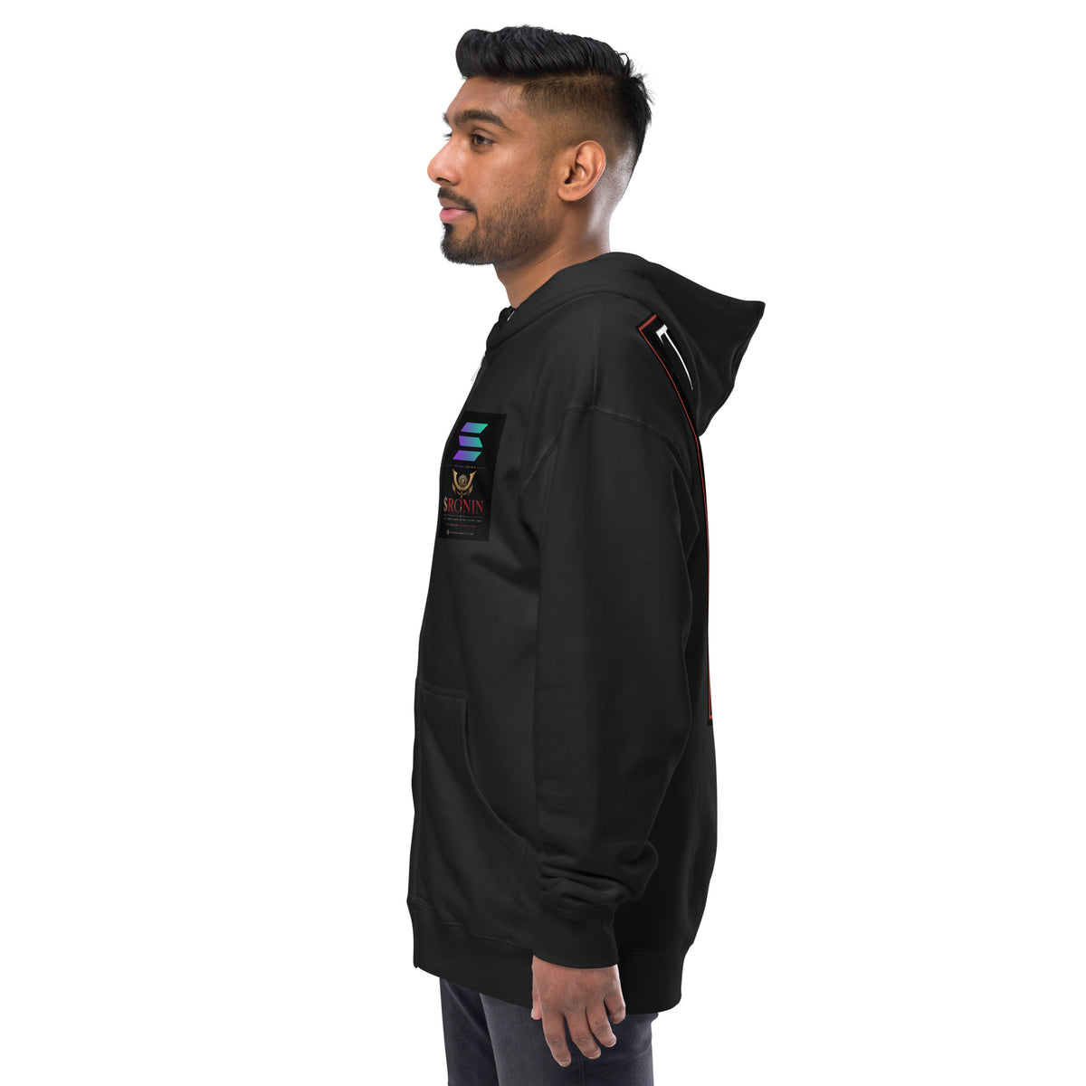 Ronin Cover Story Zip Hoodie, black left: Solana × $RONIN patch on the chest