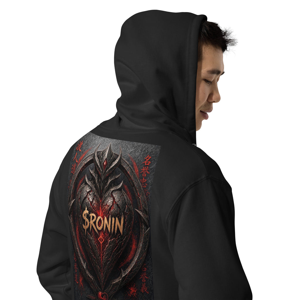 Obsidian Heart Ronin Zip Hoodie, black right back: spiked black armored heart with a glowing red core and $RONIN, red kanji at the sides