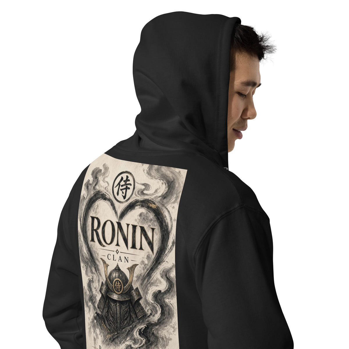 Ink Heart Ronin Clan Zip Hoodie, black right back: ink-wash heart around a kabuto helmet on cream paper, 侍 seal and RONIN CLAN