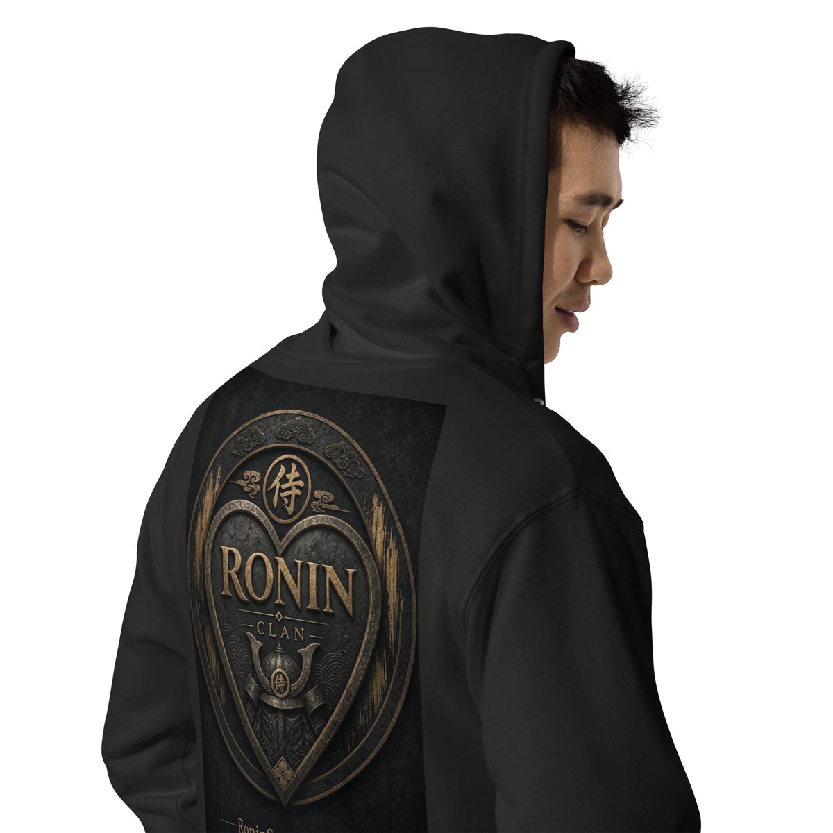 Bronze Crest Ronin Clan Zip Hoodie, black right back: bronze heart shield with the 侍 seal, RONIN CLAN and a kabuto emblem