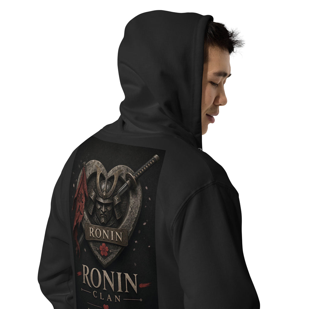 Royal Crest Ronin Clan Zip Hoodie, black right back: gilded red-and-gold heart shield with the 侍 seal, RONIN CLAN and kabuto emblem