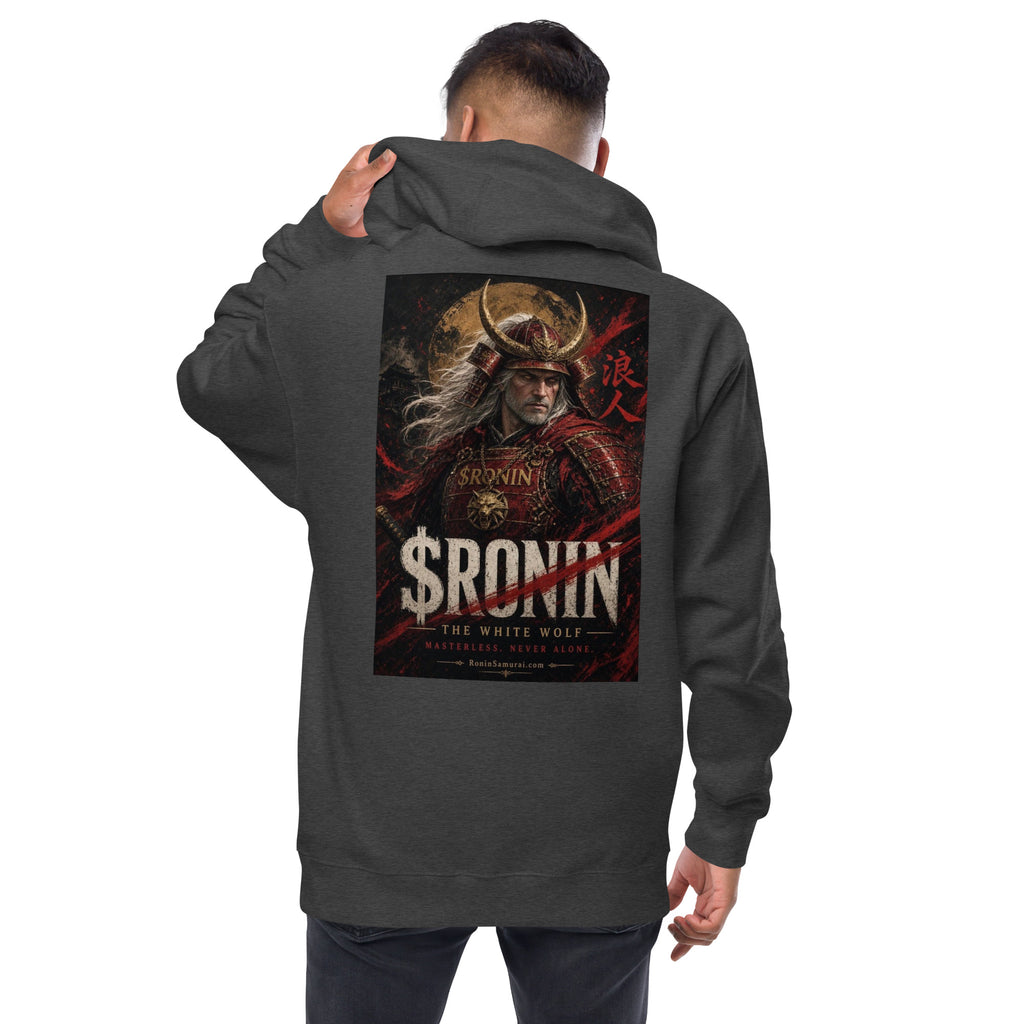 Silver-Haired Ronin Zip Hoodie, charcoal heather back: back print of a silver-haired, scarred warrior in crimson armor and gold-horned kabuto under a bold $RONIN title