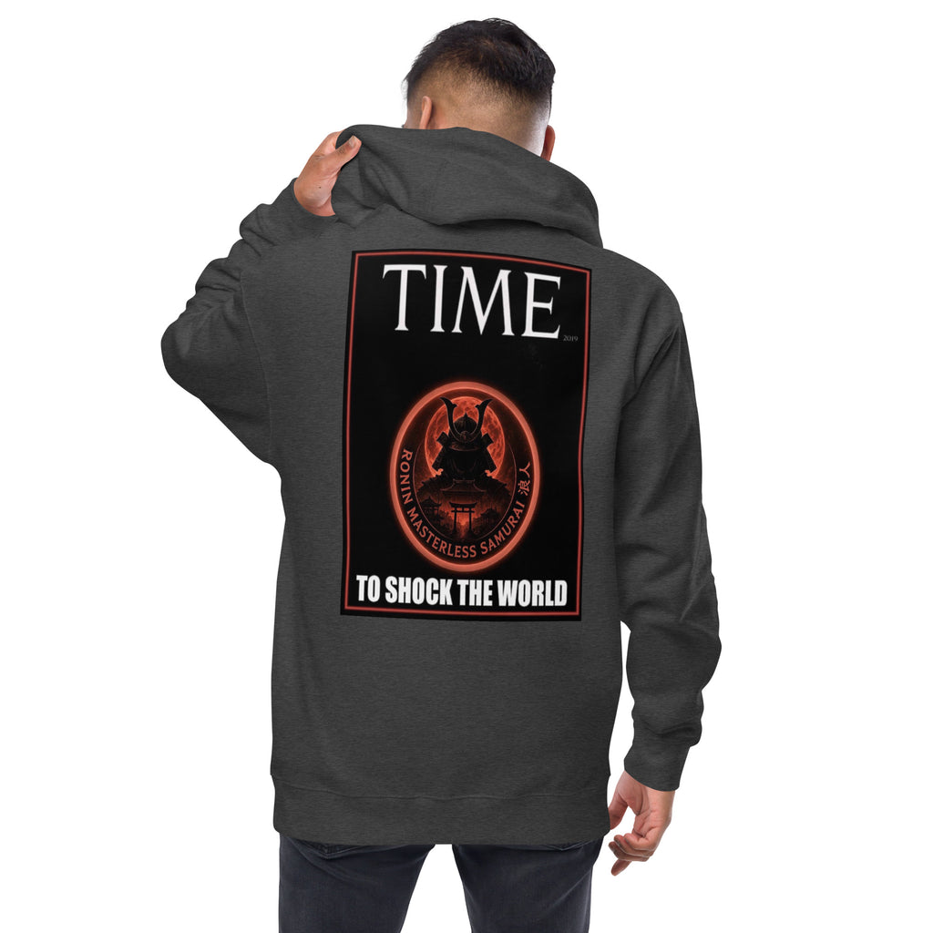 Ronin Cover Story Zip Hoodie, charcoal heather back: back print of a red-framed cover-style poster with the round RONIN samurai seal and TO SHOCK THE WORLD