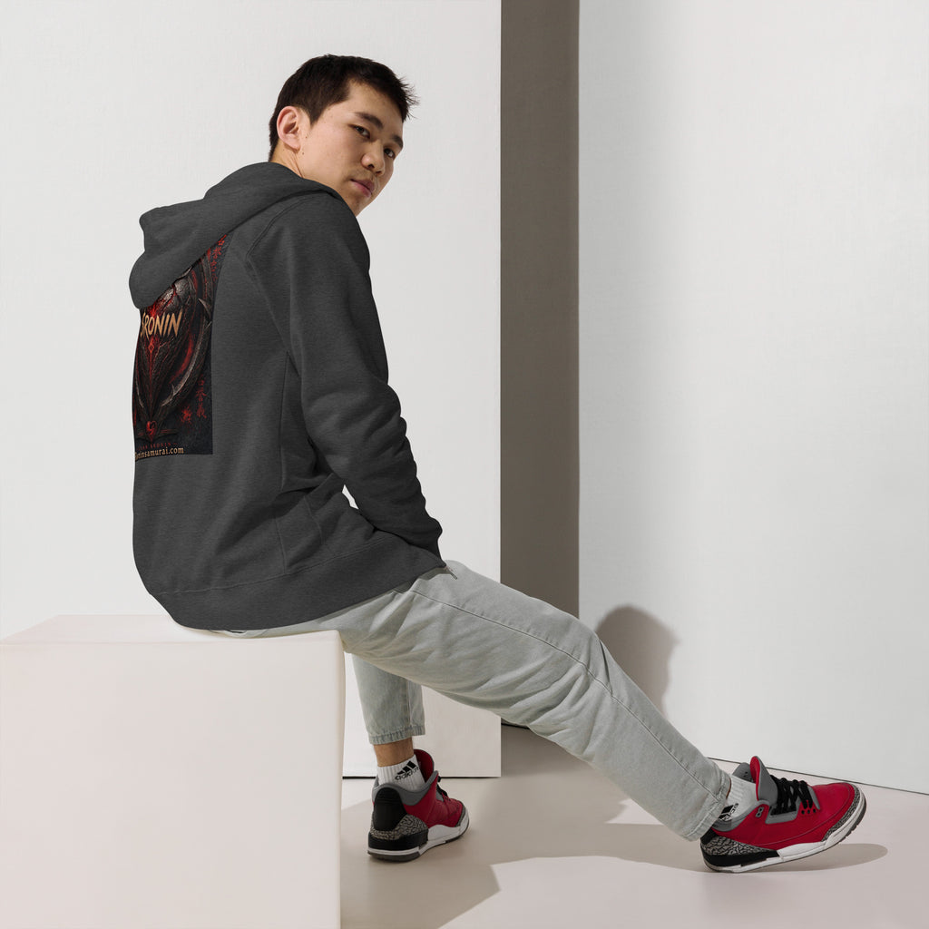 Obsidian Heart Ronin Zip Hoodie, charcoal heather back: spiked black armored heart with a glowing red core and $RONIN, red kanji at the sides