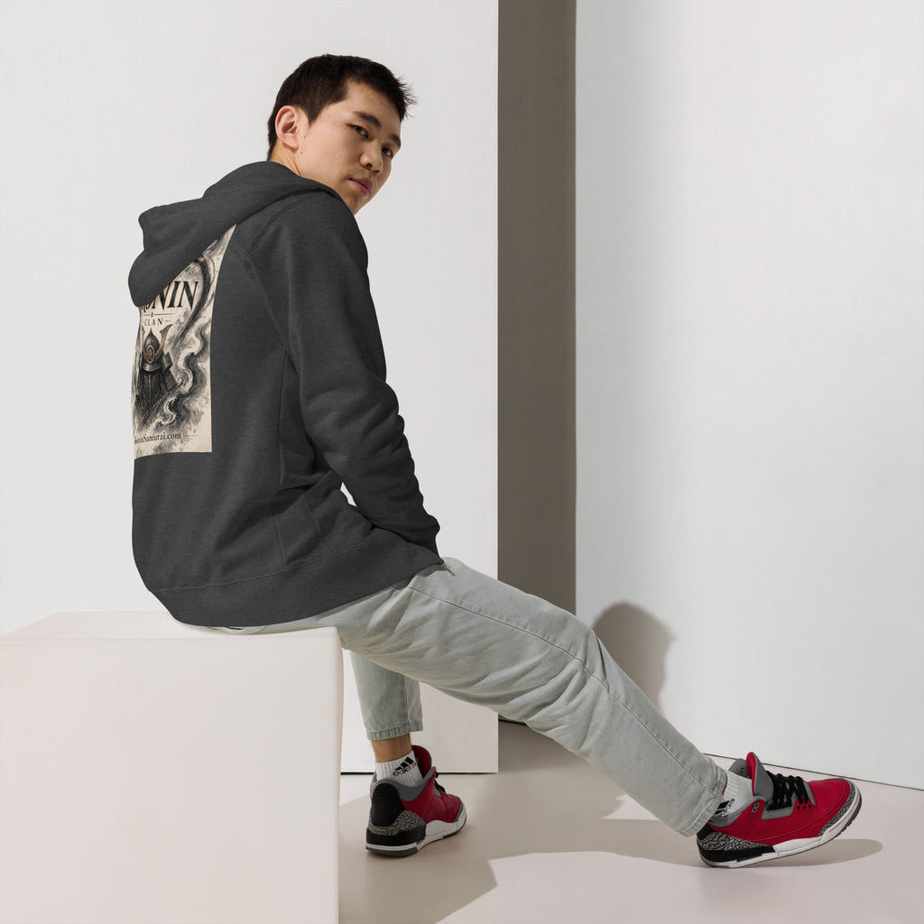 Ink Heart Ronin Clan Zip Hoodie, charcoal heather back: ink-wash heart around a kabuto helmet on cream paper, 侍 seal and RONIN CLAN