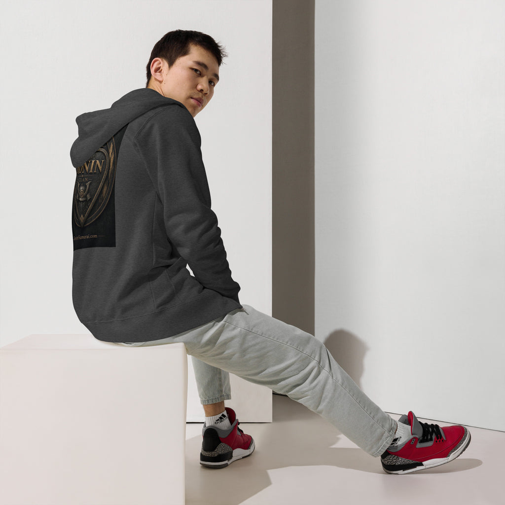 Bronze Crest Ronin Clan Zip Hoodie, charcoal heather back: bronze heart shield with the 侍 seal, RONIN CLAN and a kabuto emblem