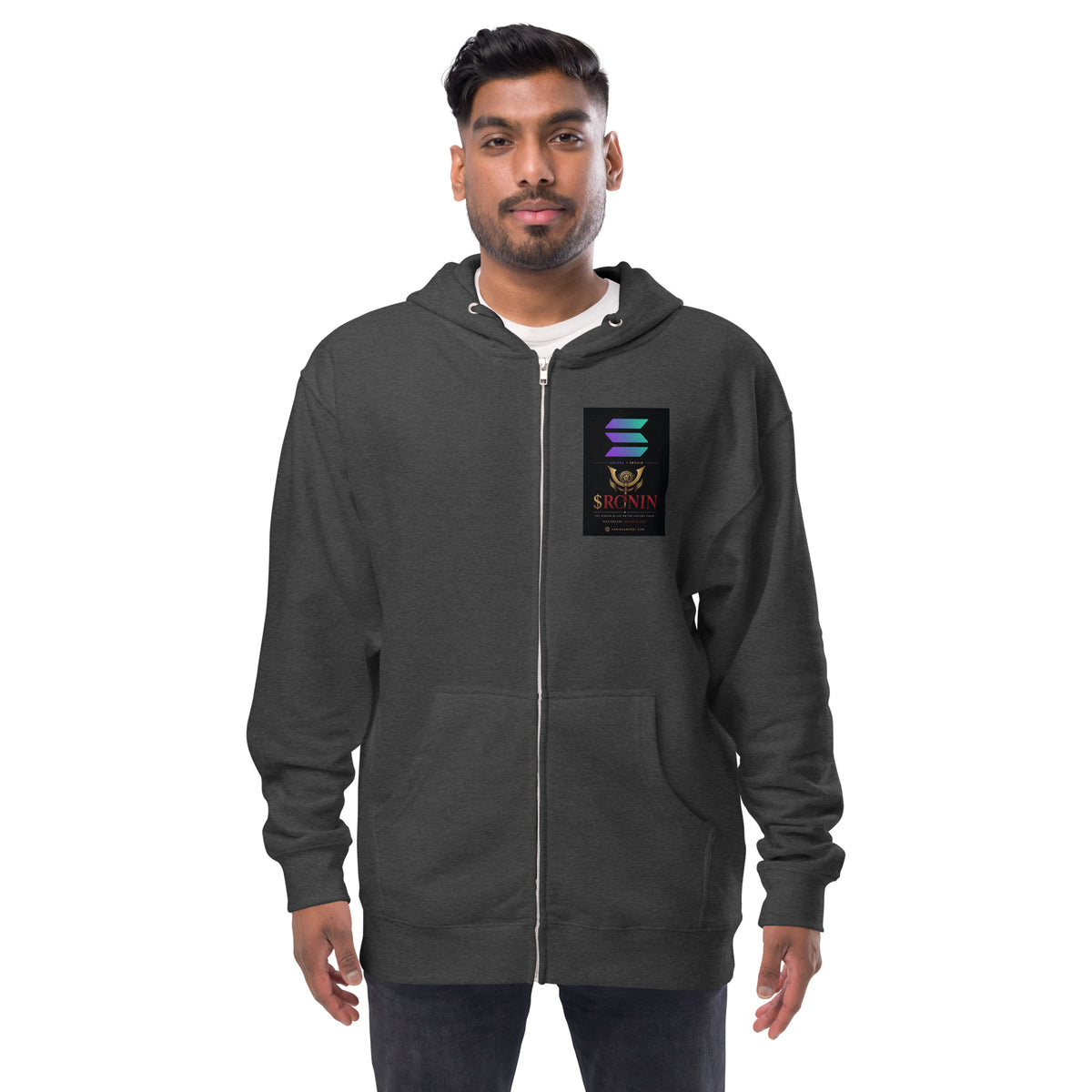 Ronin Cover Story Zip Hoodie, charcoal heather front: Solana × $RONIN patch on the chest