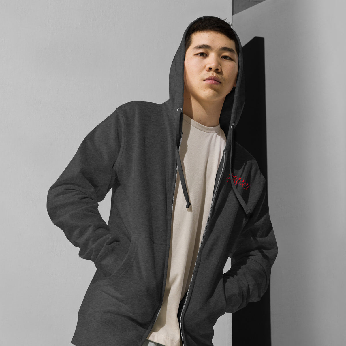 Sworn Brothers Ronin Zip Hoodie, charcoal heather front: red script $RONIN on the left chest