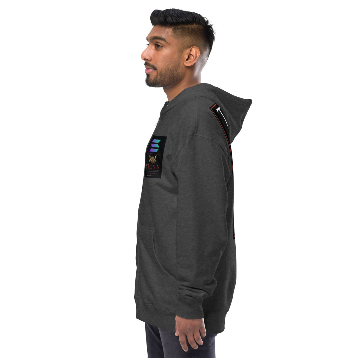 Ronin Cover Story Zip Hoodie, charcoal heather left: Solana × $RONIN patch on the chest