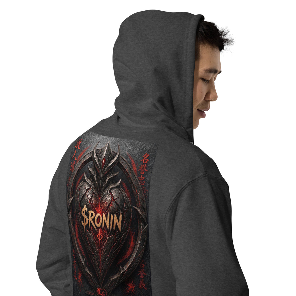 Obsidian Heart Ronin Zip Hoodie, charcoal heather right back: spiked black armored heart with a glowing red core and $RONIN, red kanji at the sides