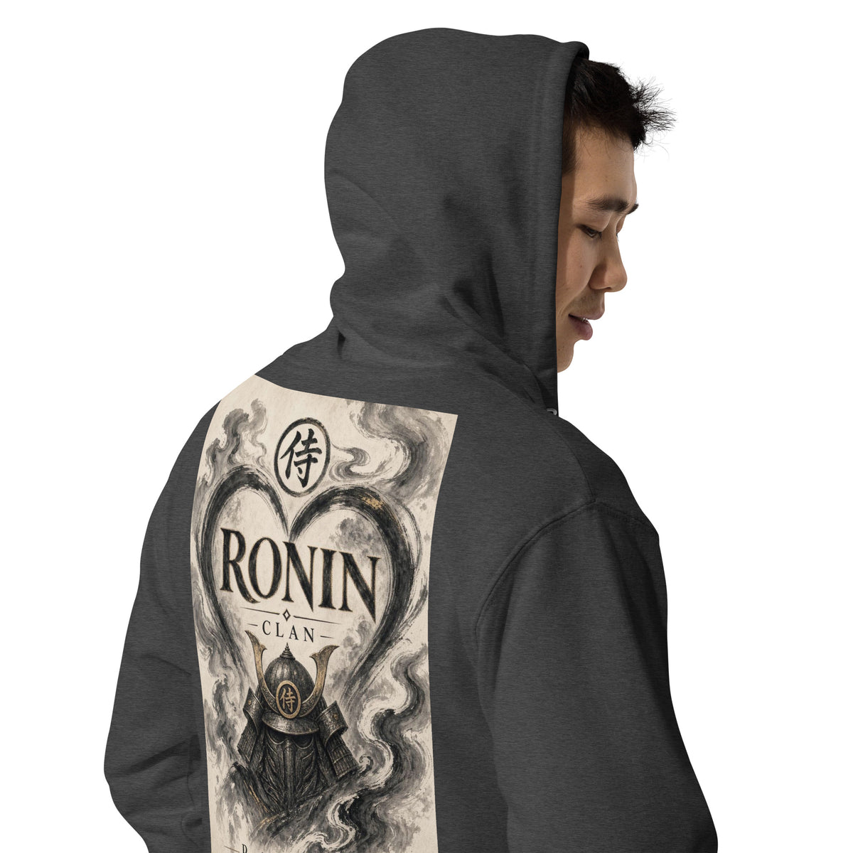 Ink Heart Ronin Clan Zip Hoodie, charcoal heather right back: ink-wash heart around a kabuto helmet on cream paper, 侍 seal and RONIN CLAN