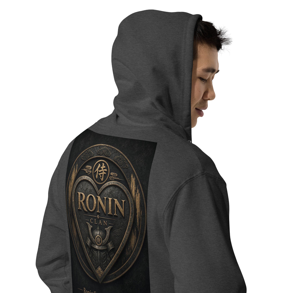 Bronze Crest Ronin Clan Zip Hoodie, charcoal heather right back: bronze heart shield with the 侍 seal, RONIN CLAN and a kabuto emblem