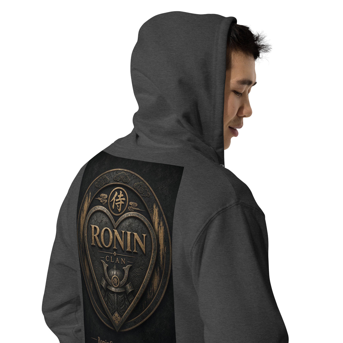 Bronze Crest Ronin Clan Zip Hoodie, charcoal heather right back: bronze heart shield with the 侍 seal, RONIN CLAN and a kabuto emblem