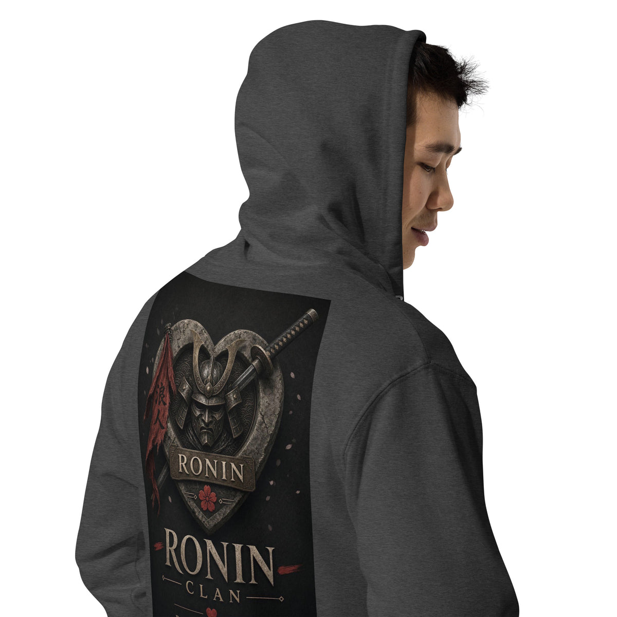 Royal Crest Ronin Clan Zip Hoodie, charcoal heather right back: gilded red-and-gold heart shield with the 侍 seal, RONIN CLAN and kabuto emblem