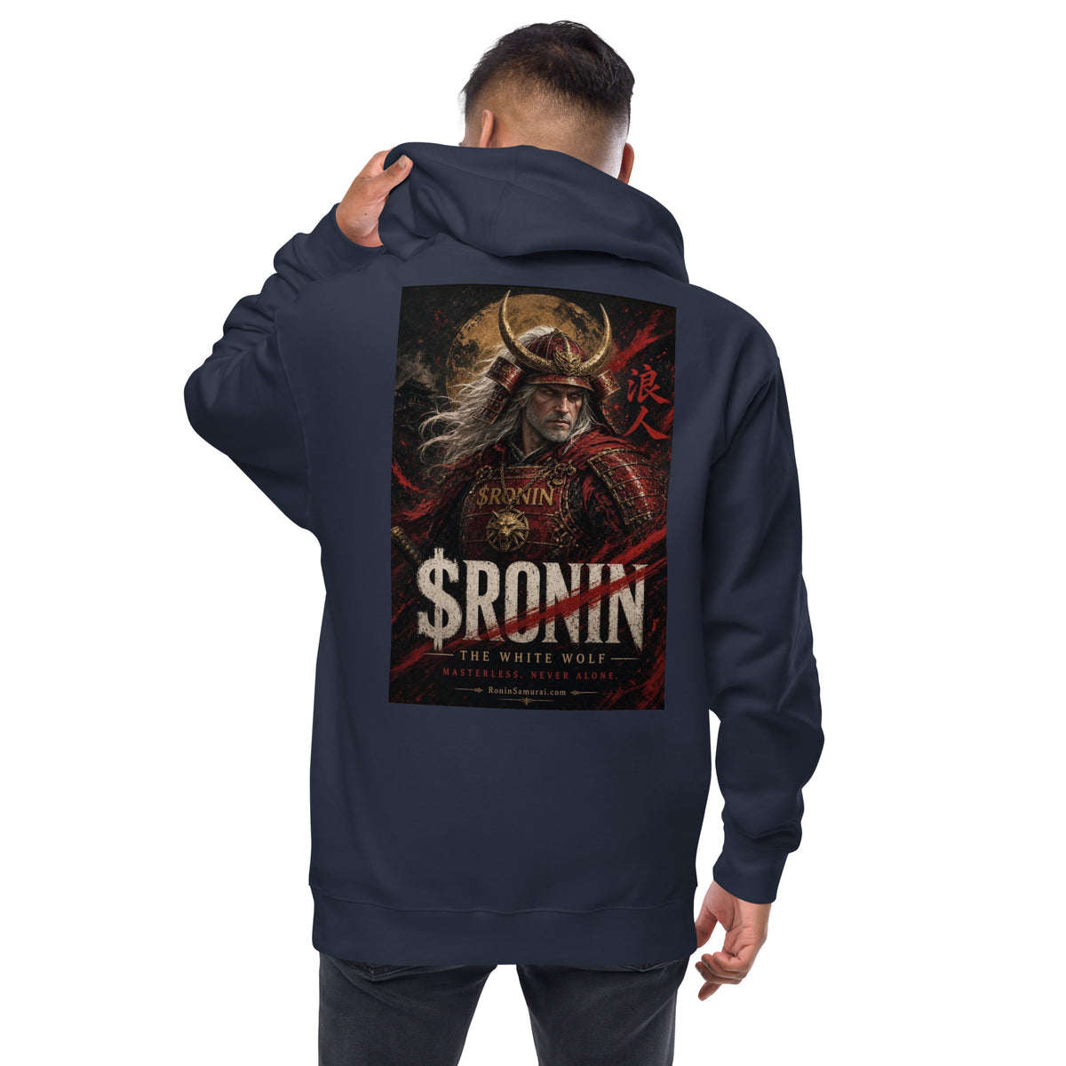 Silver-Haired Ronin Zip Hoodie, classic navy back: back print of a silver-haired, scarred warrior in crimson armor and gold-horned kabuto under a bold $RONIN title
