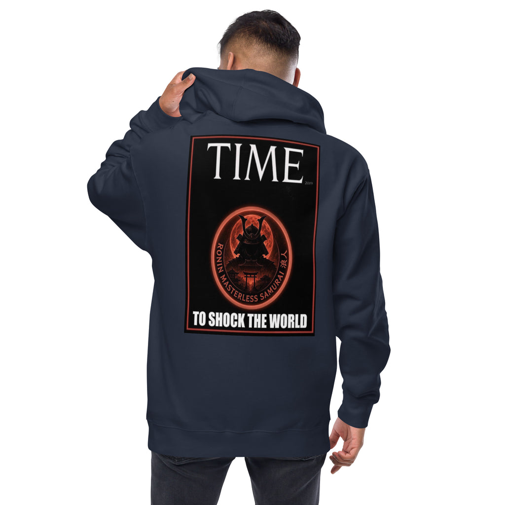 Ronin Cover Story Zip Hoodie, classic navy back: back print of a red-framed cover-style poster with the round RONIN samurai seal and TO SHOCK THE WORLD