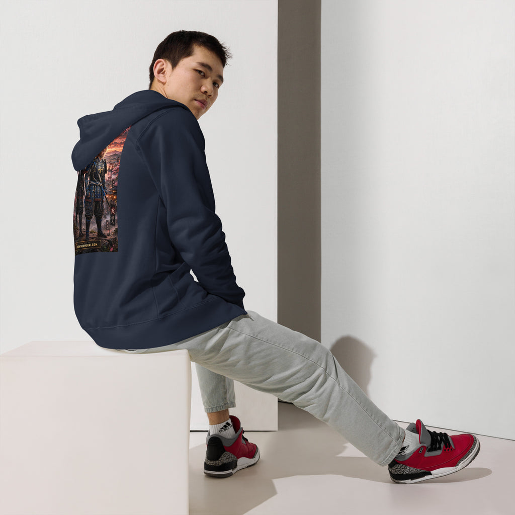 Sworn Brothers Ronin Zip Hoodie, classic navy back: two warriors, a dark-haired ronin and a golden-haired samurai in blue armor, under a blood-red moon with a white $RONIN