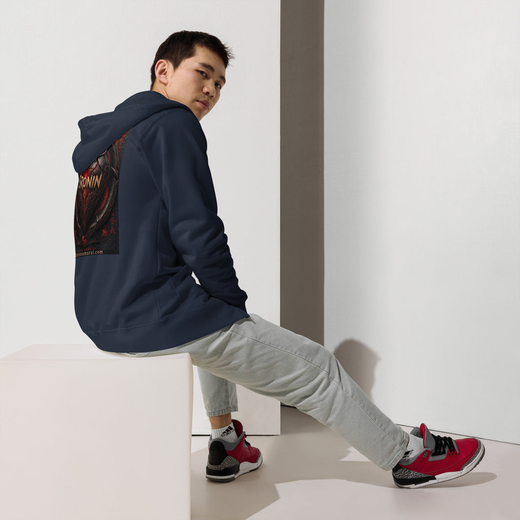 Obsidian Heart Ronin Zip Hoodie, classic navy back: spiked black armored heart with a glowing red core and $RONIN, red kanji at the sides