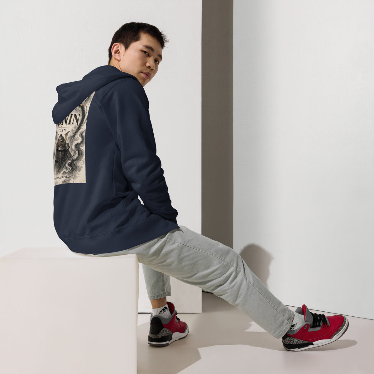 Ink Heart Ronin Clan Zip Hoodie, classic navy back: ink-wash heart around a kabuto helmet on cream paper, 侍 seal and RONIN CLAN