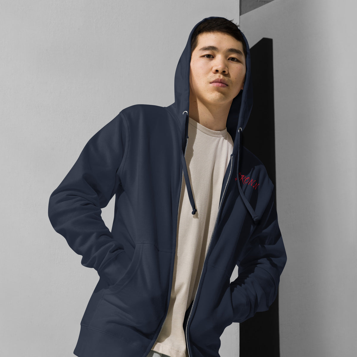 Obsidian Heart Ronin Zip Hoodie, classic navy front: red script $RONIN on the left chest