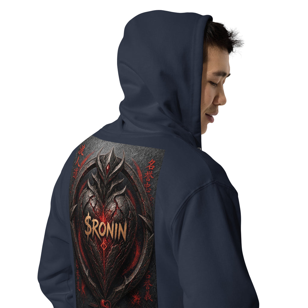 Obsidian Heart Ronin Zip Hoodie, classic navy right back: spiked black armored heart with a glowing red core and $RONIN, red kanji at the sides